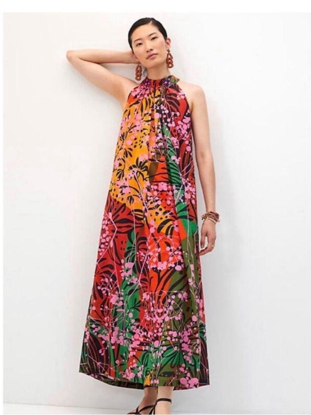 Roopa Pemmaraju Anthropologie Vibrant Floral Halter Maxi Dress in Multicolor L